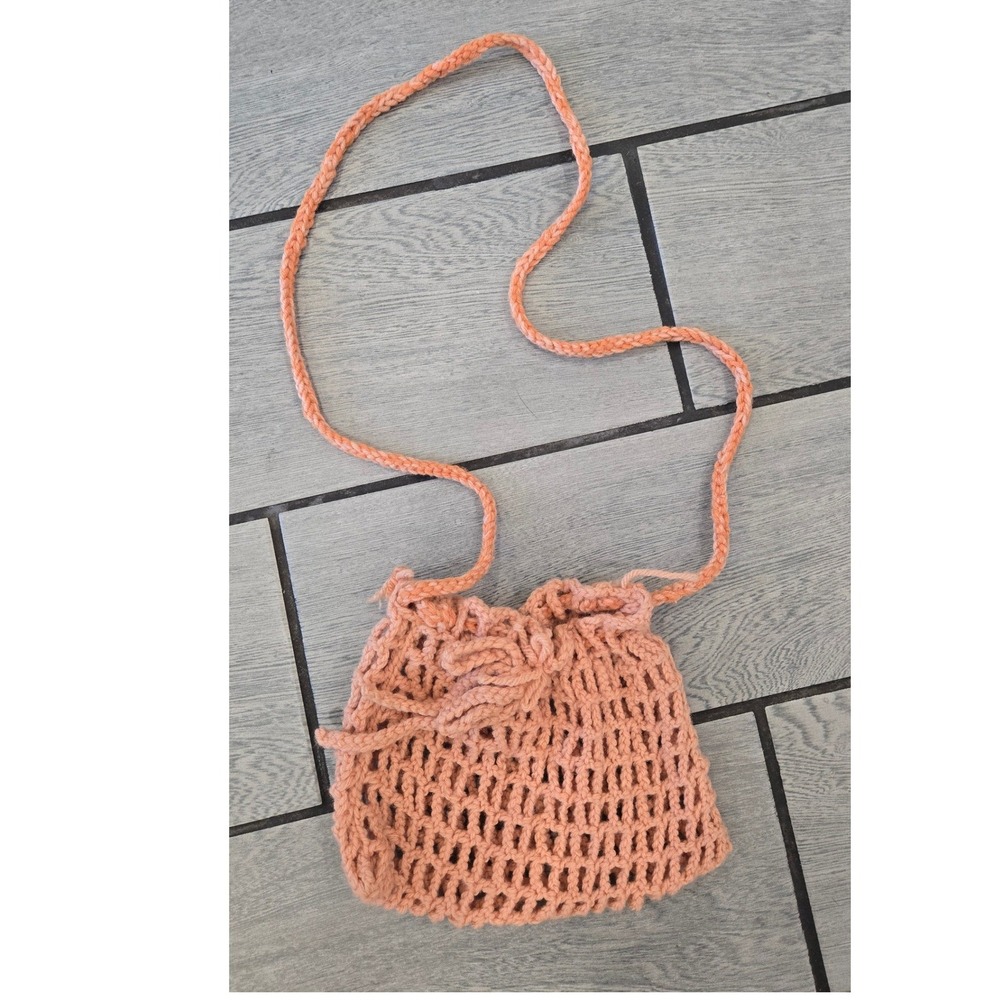 Handmade Crochet Crossbody Bag Peach Coral Mesh Knit Drawstring Pouch Boho